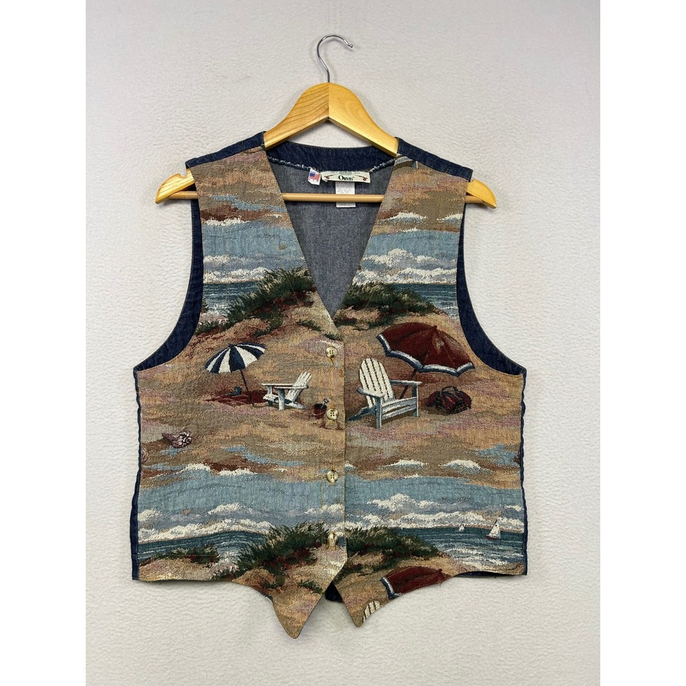 Vintage Coastal Beach Tapestry Orvis Womens Large Blue Denim Vest Made in USA
